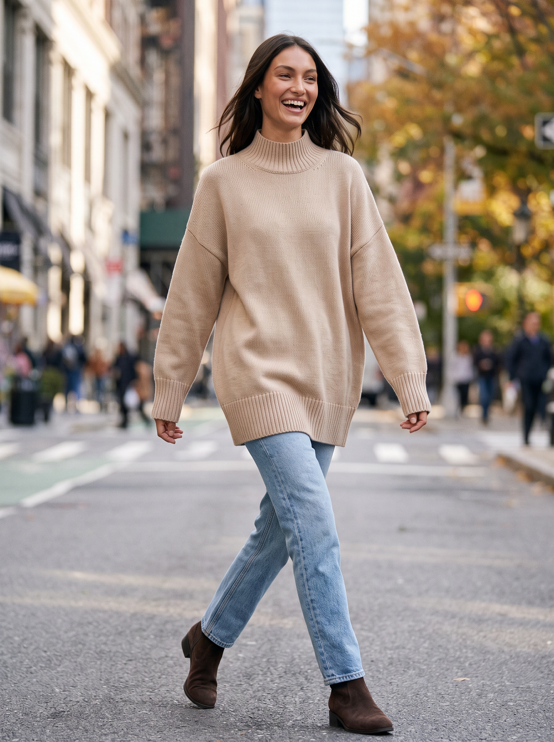 Women's Oversized High Neck Jumper in Beige – view 5