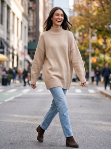 Women's Oversized High Neck Jumper in Beige – view 5