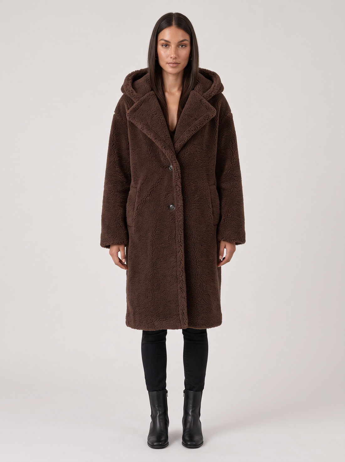 Women's Dark Brown Hooded Teddy Coat - Front