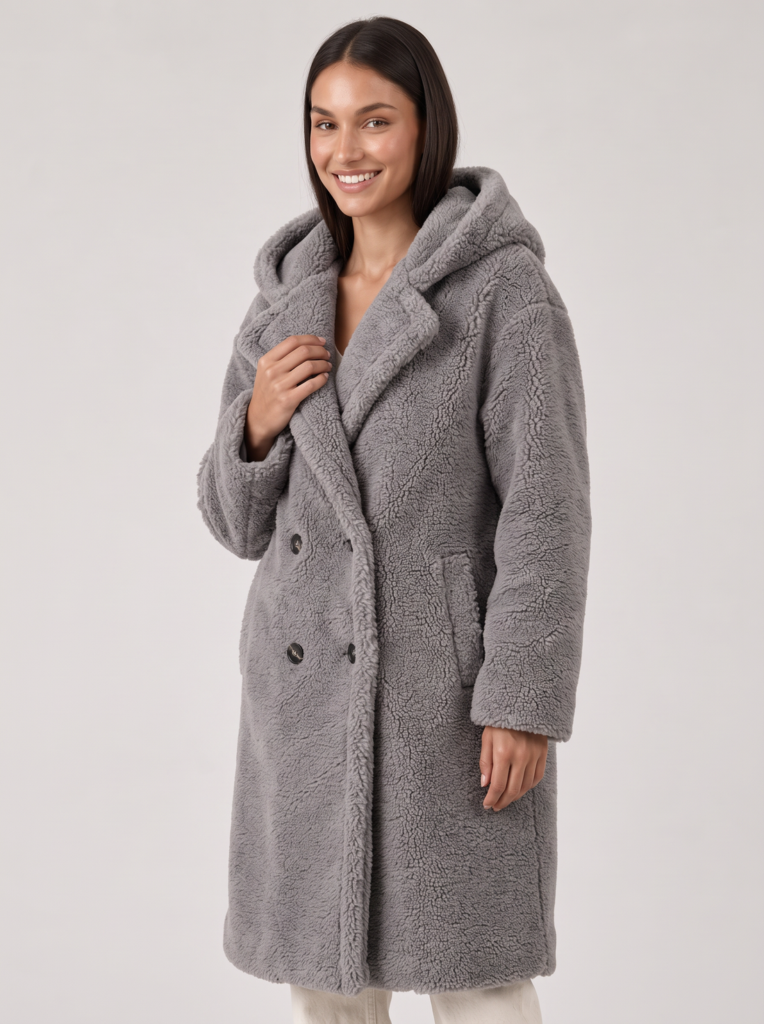 Women's Grey Hooded Teddy Coat - Three Quarter
