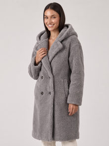 Women's Grey Hooded Teddy Coat - Three Quarter