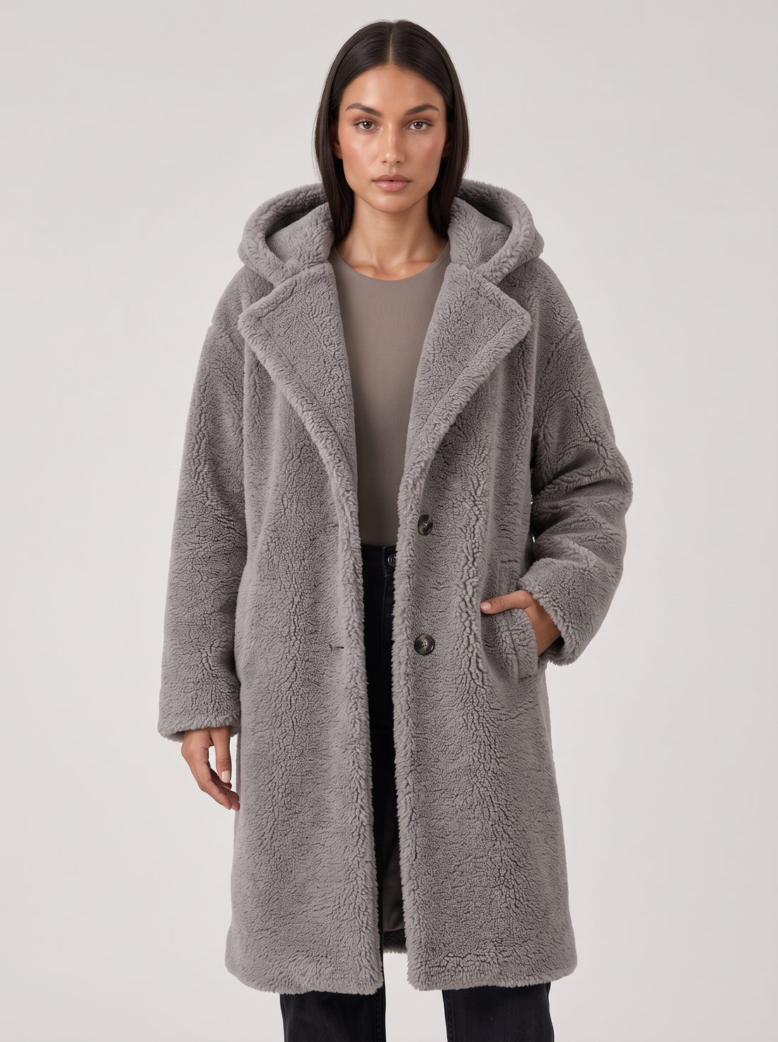 Women's Grey Hooded Teddy Coat - Front
