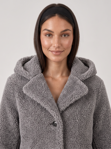 Women's Grey Hooded Teddy Coat - Closeup
