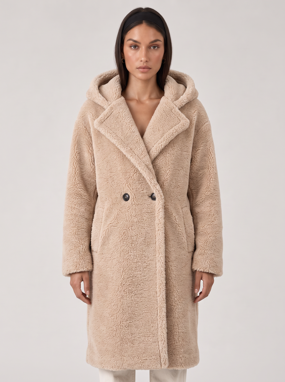 Women's Beige Hooded Teddy Coat - Front