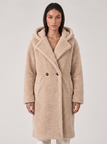 Women's Beige Hooded Teddy Coat - Front