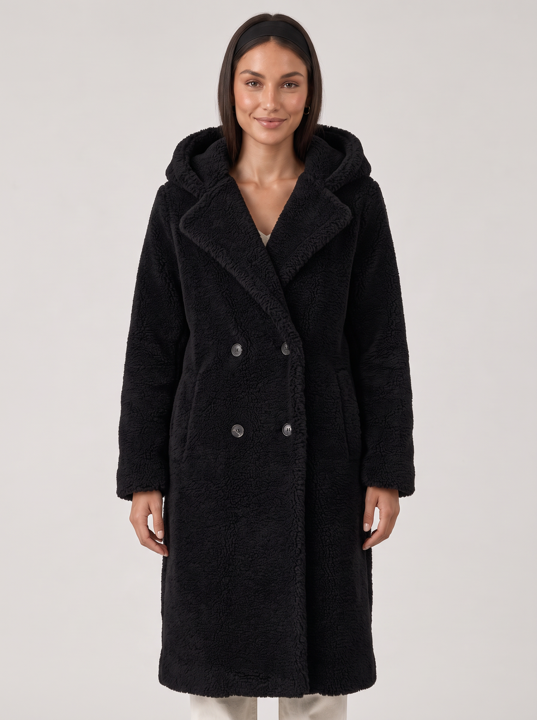 Women's Black Hooded Teddy Coat - Front