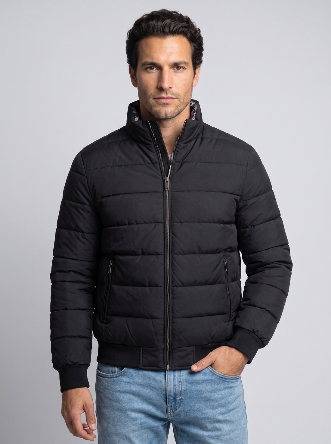 Men's Quilted Bomber Jacket in Black