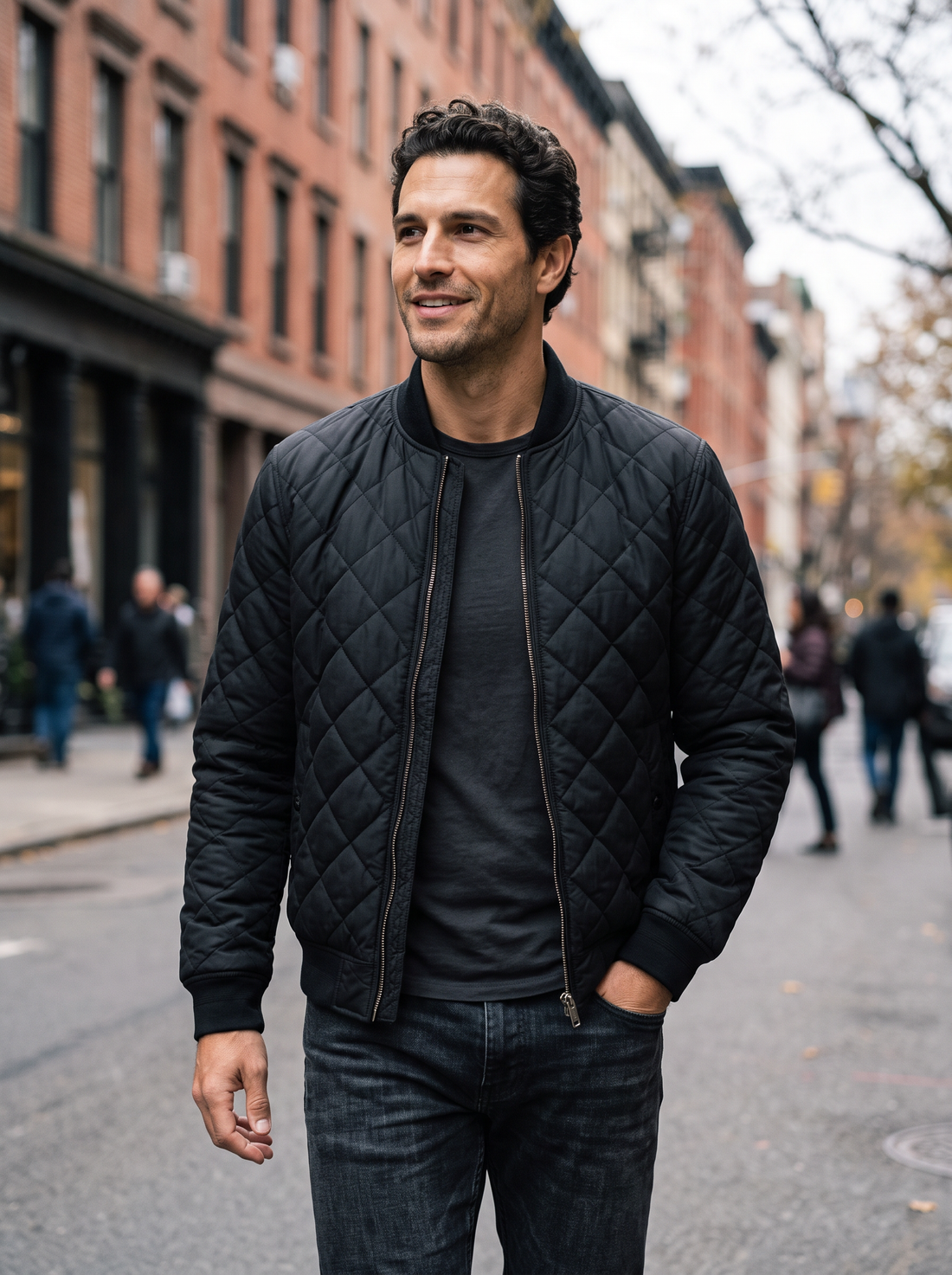 Men's Quilted Bomber Jacket in Black – view 4