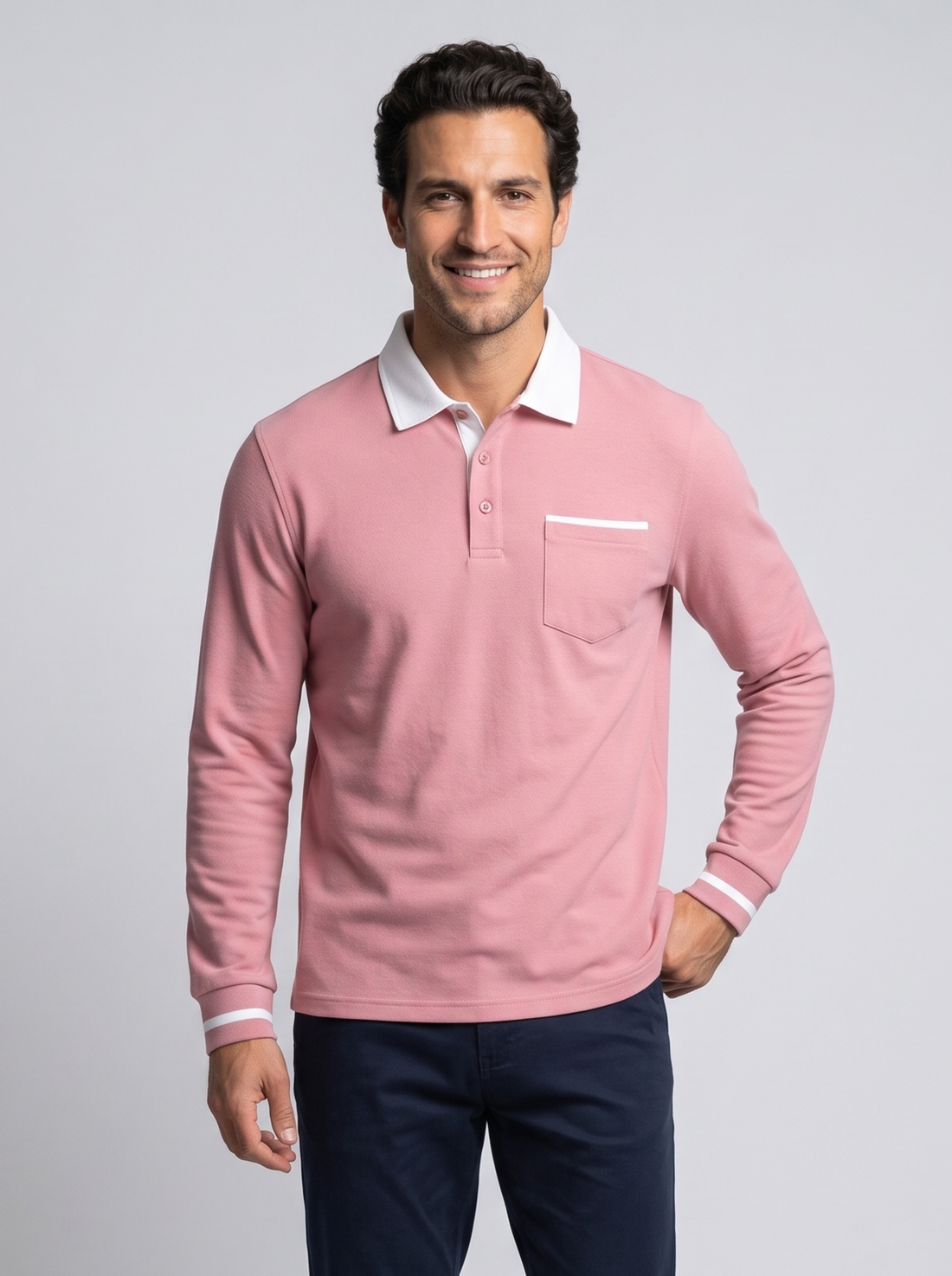 Men's Long Sleeve Polo Shirt in Pink