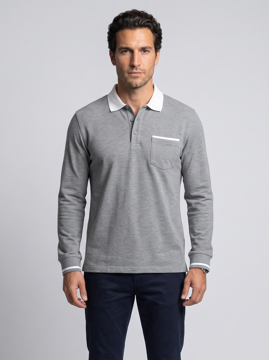 Men's Long Sleeve Polo Shirt in Grey
