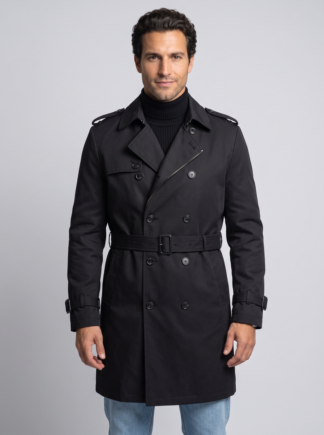 Men's Belted Trench Coat in Black