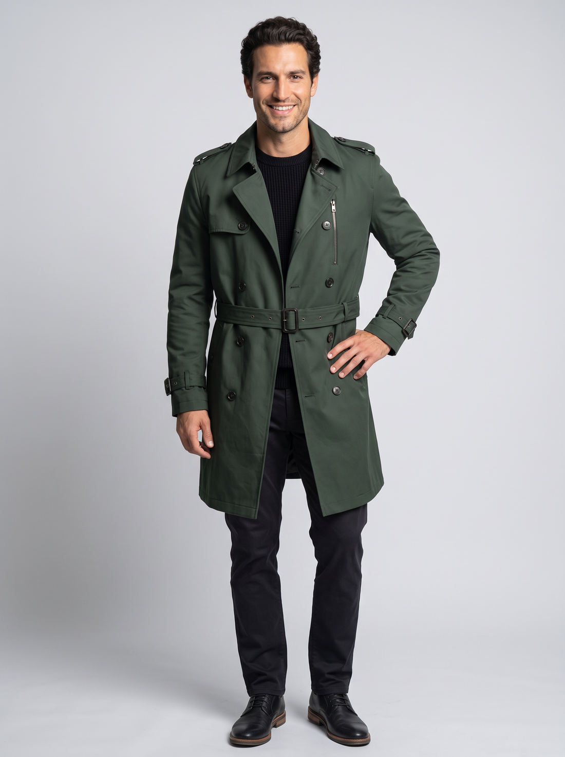 Men's Belted Trench Coat in Dark Green