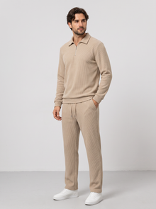 Men's Quarter Zip Polo Co Ord Set in Beige – view 3