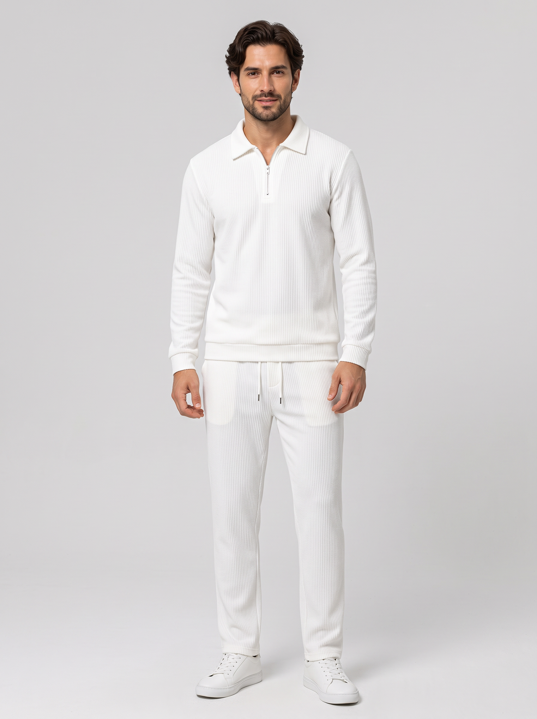 Men's Quarter Zip Polo Co Ord Set in White