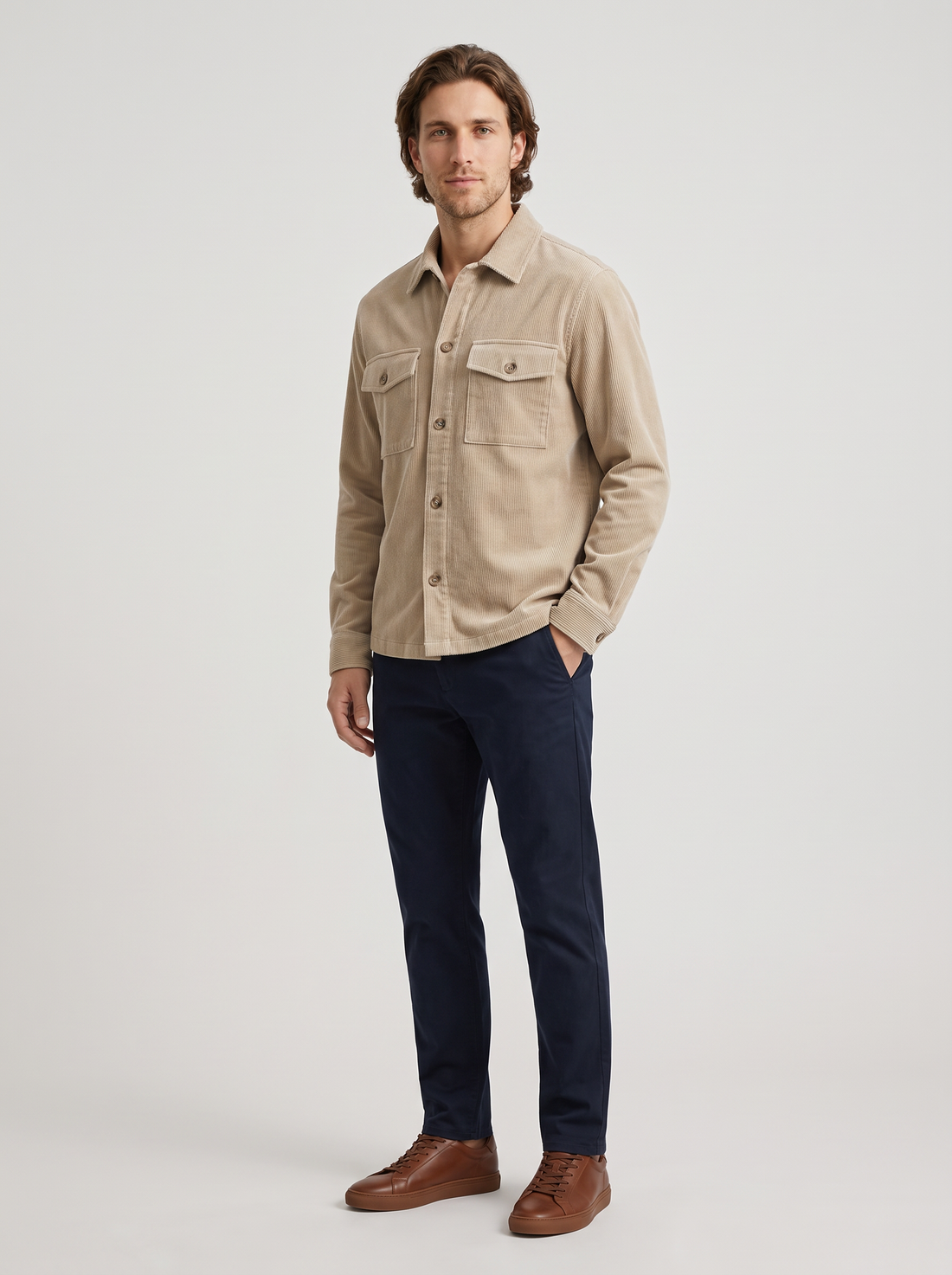 Men's Corduroy Button Up Shirt in Beige – view 3