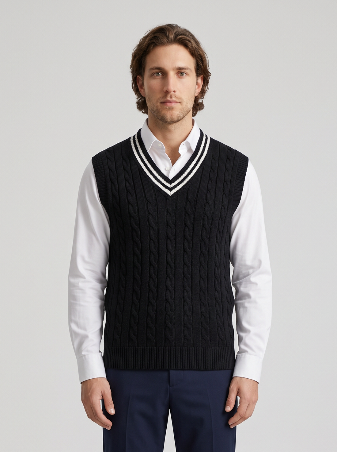 Men's Cable Knit Sweater Vest in Black