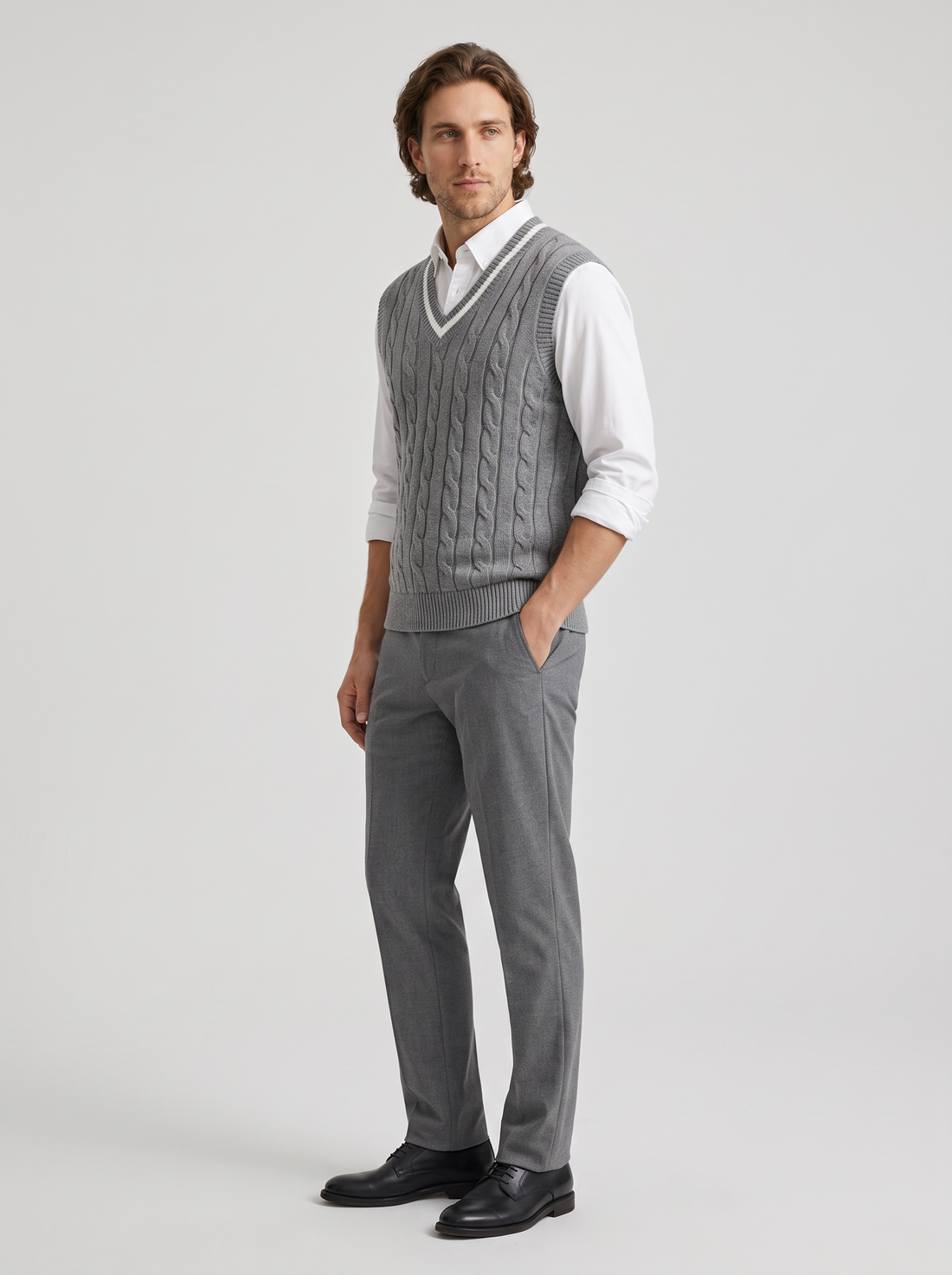 Men's Cable Knit Sweater Vest in Grey – view 3