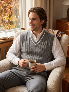 Men's Cable Knit Sweater Vest in Grey – view 4