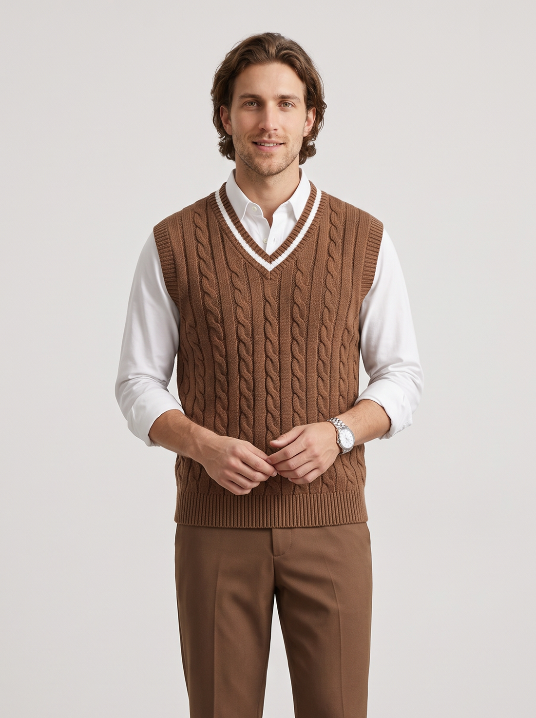 Men's Cable Knit Sweater Vest in Brown