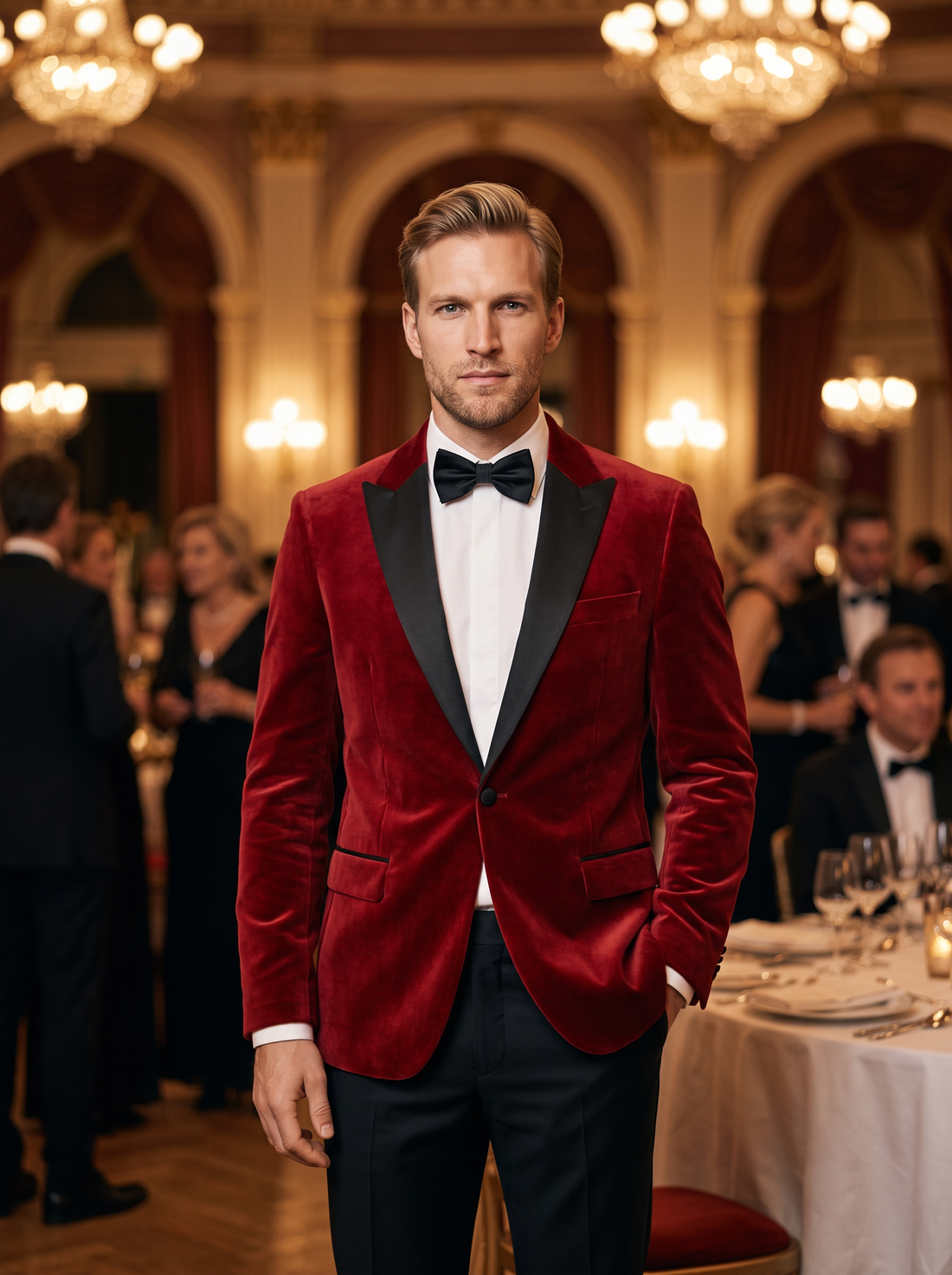 Men's Velvet-Look Tuxedo Jacket in Red – view 5