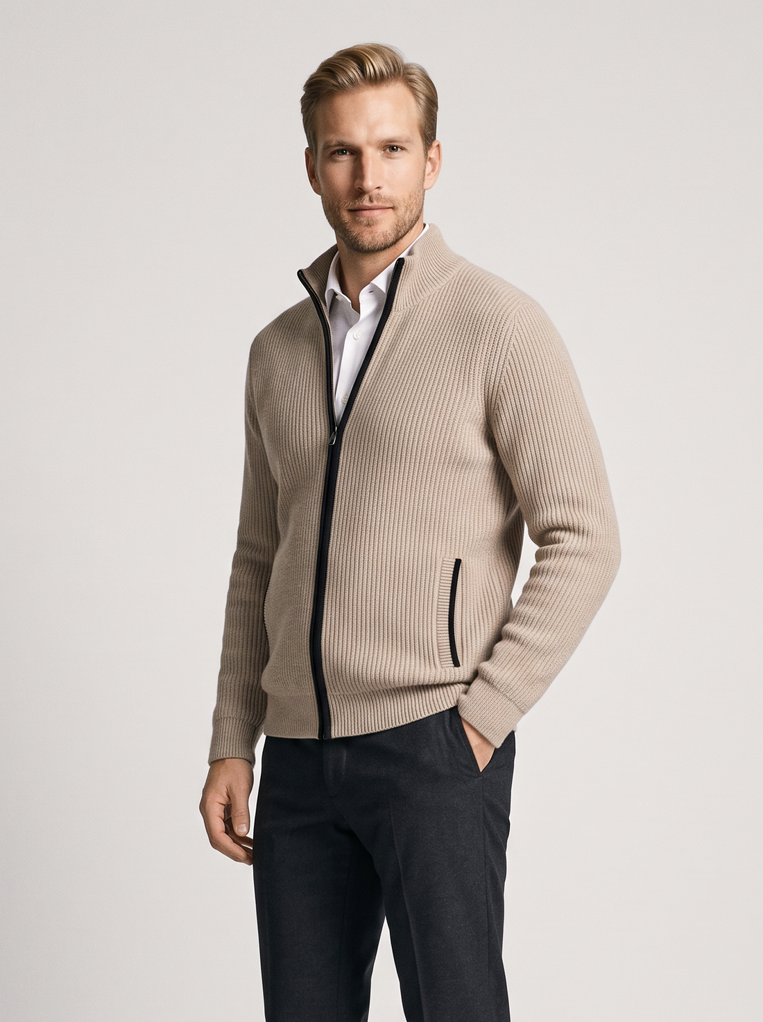 Men's Zip Up Knit Cardigan in Beige