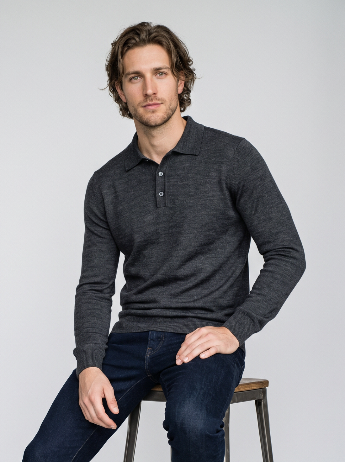 Button Polo Jumper Black Grey