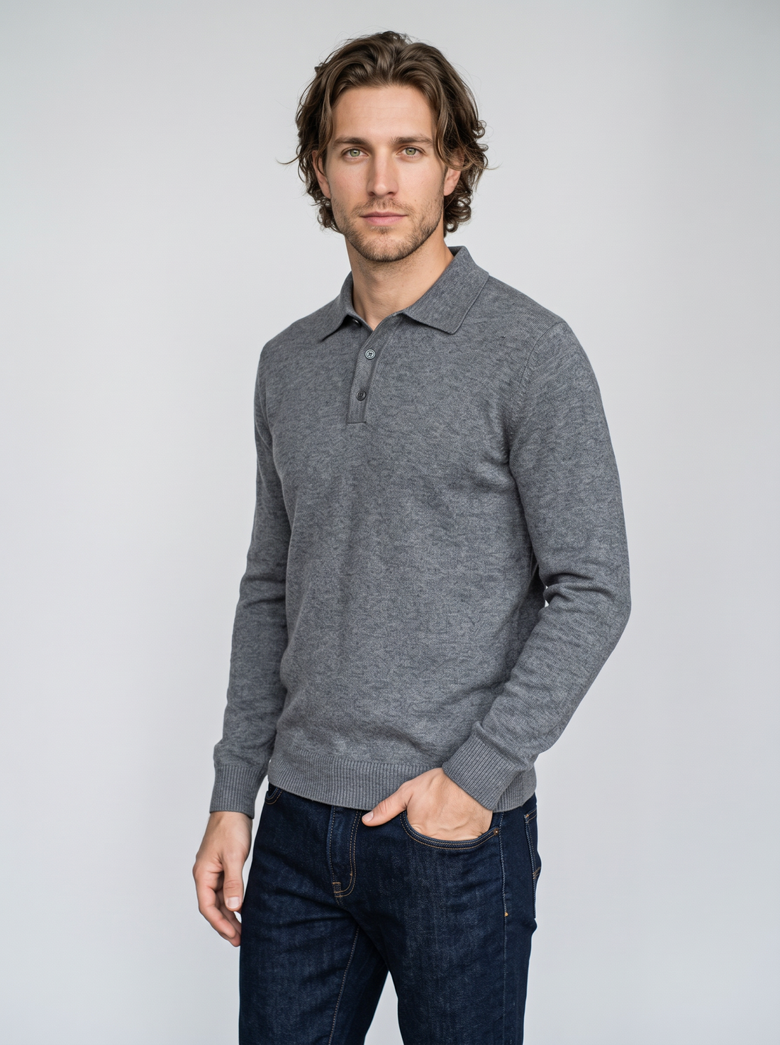 Button Polo Jumper Grey 3/4