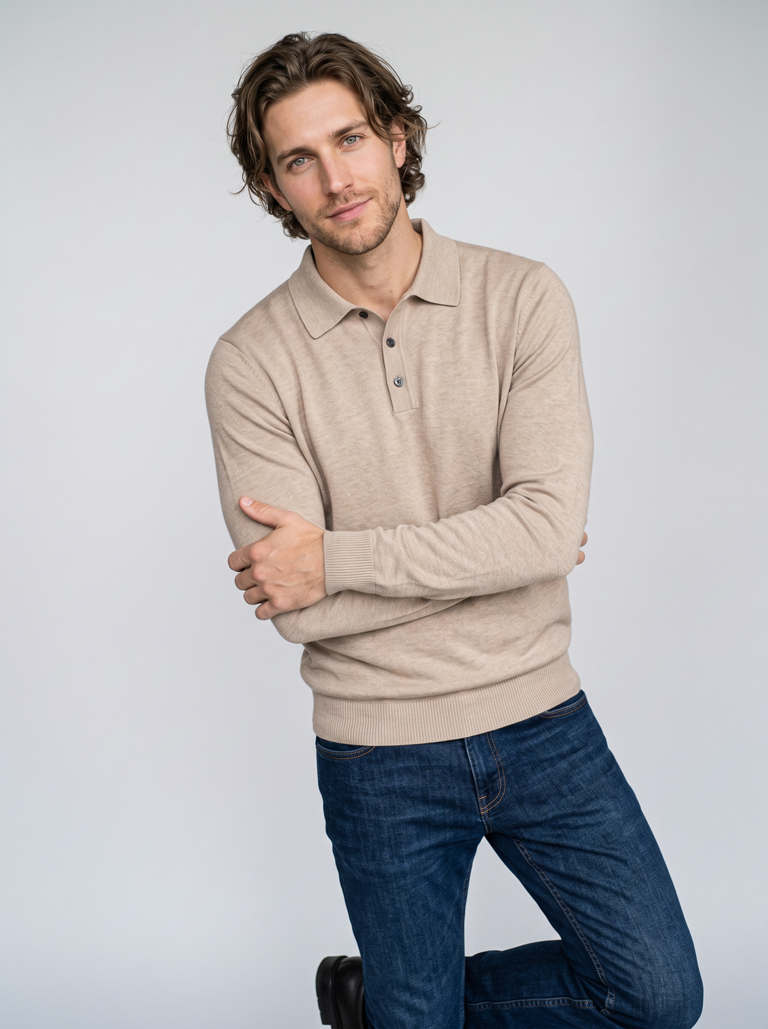 Button Polo Jumper Beige
