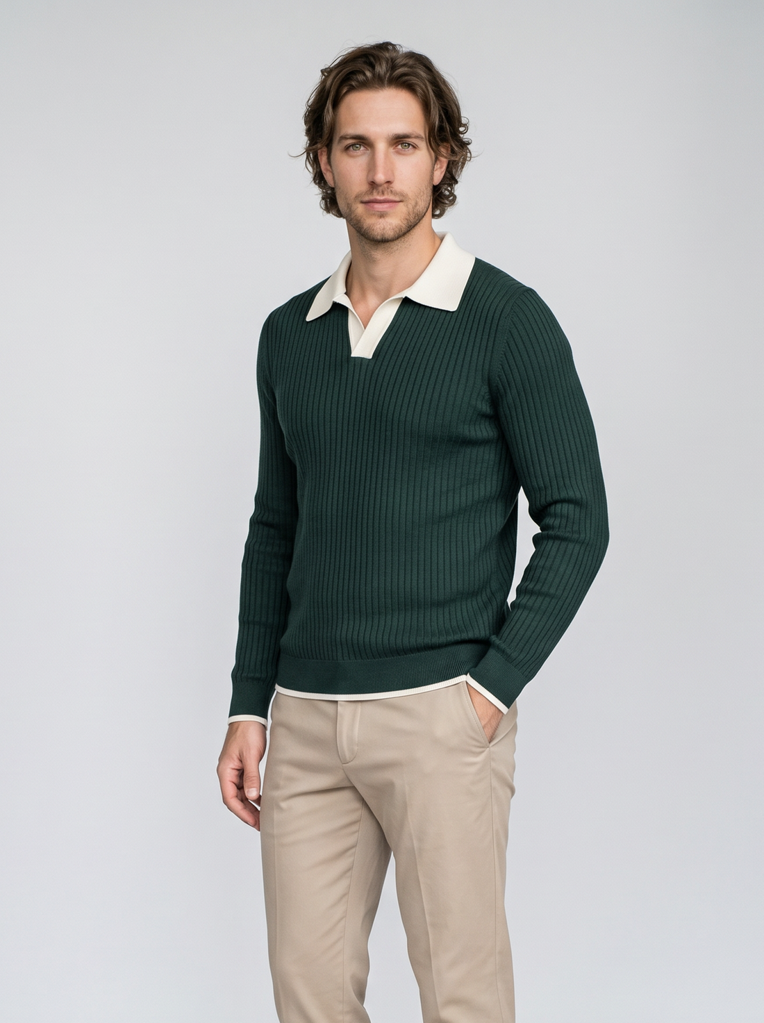 Knitted Polo Jumper Green 3/4