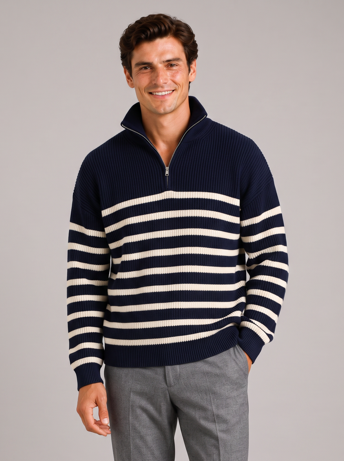 Men's Striped Half Zip Jumper navy front