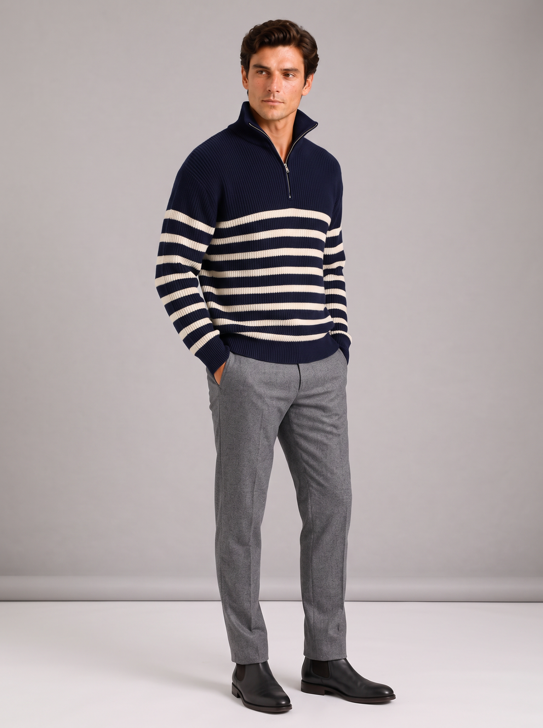 Men's Striped Half Zip Jumper navy three quarter
