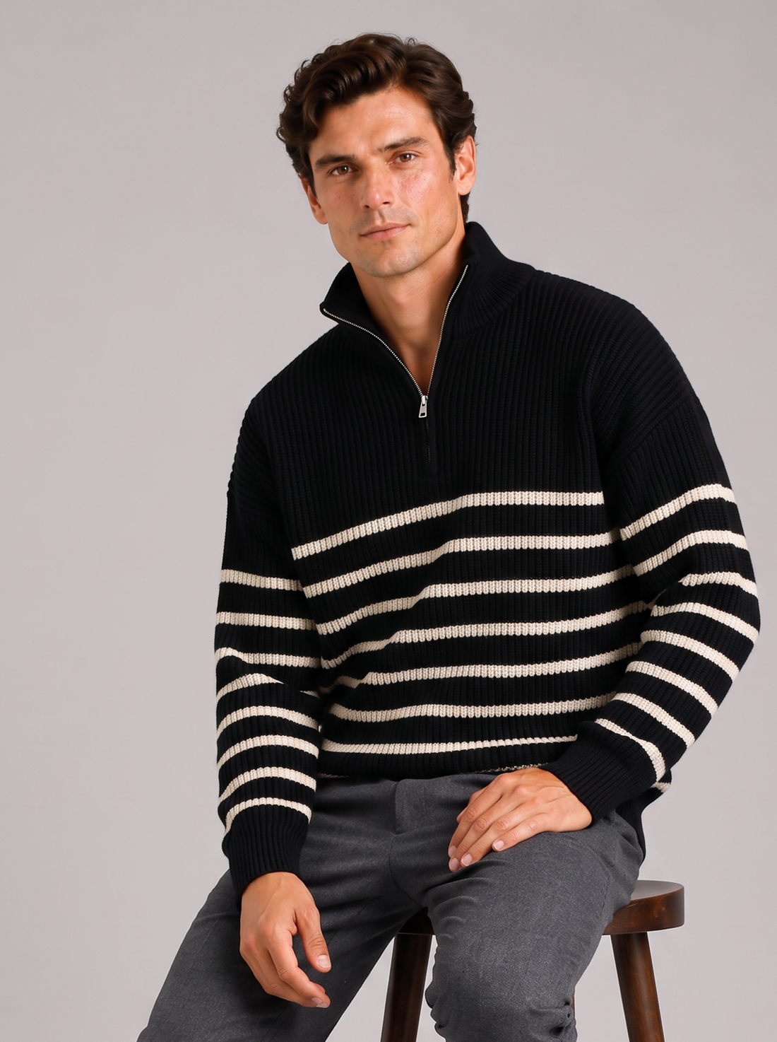 Men's Striped Half Zip Jumper black front