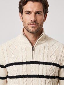 Men's Wool Half Zip Jumper cream collar closeup