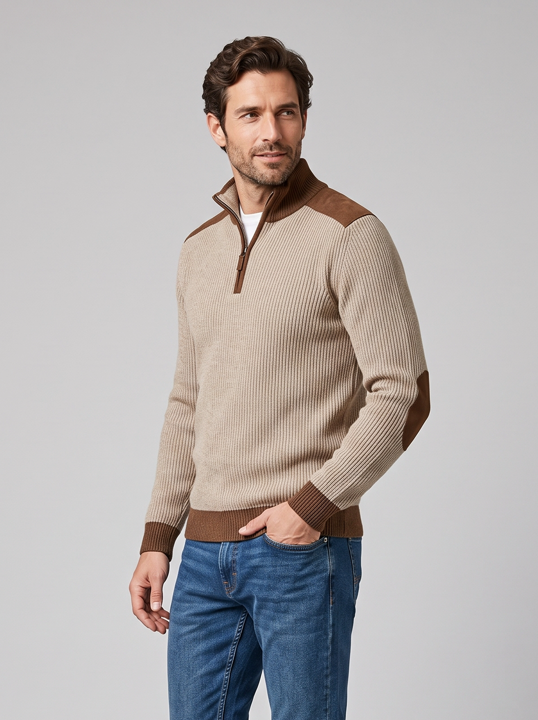 Men's Quarter Zip Jumper beige three quarter