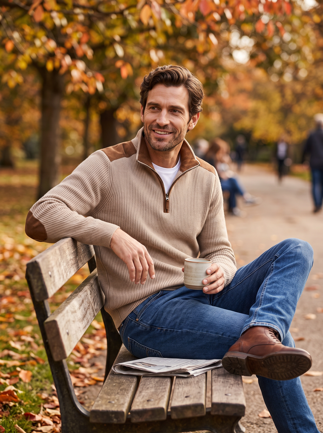 Men's Quarter Zip Jumper beige lifestyle