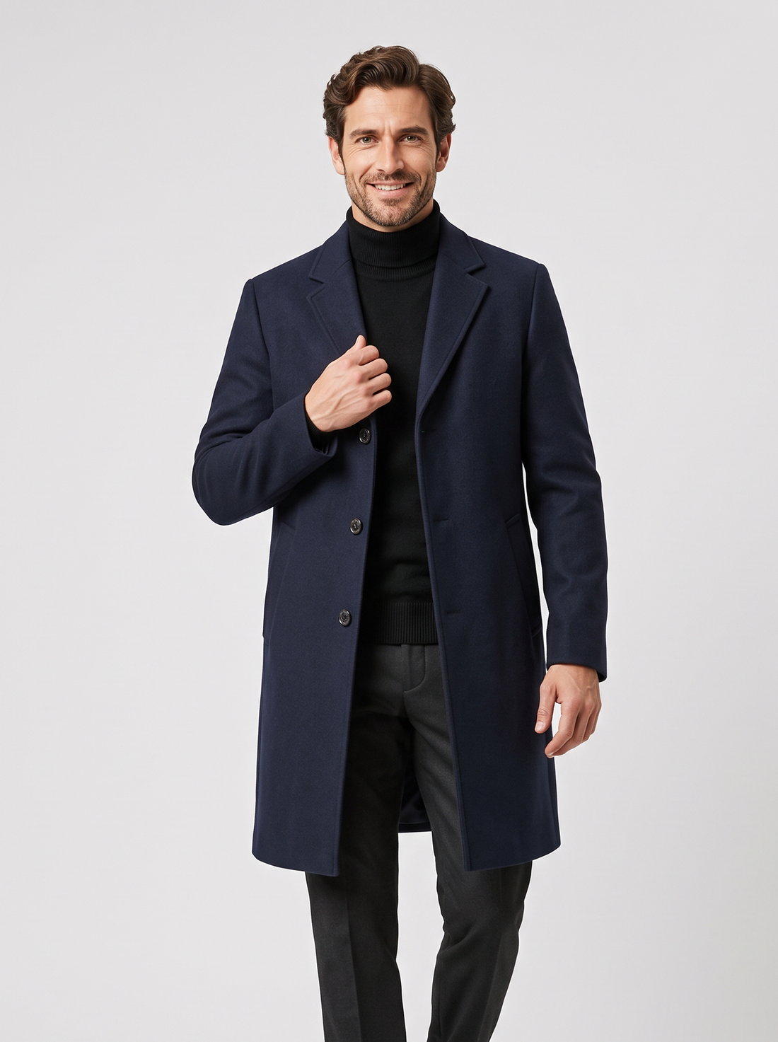 Men's Long Overcoat navy blue front