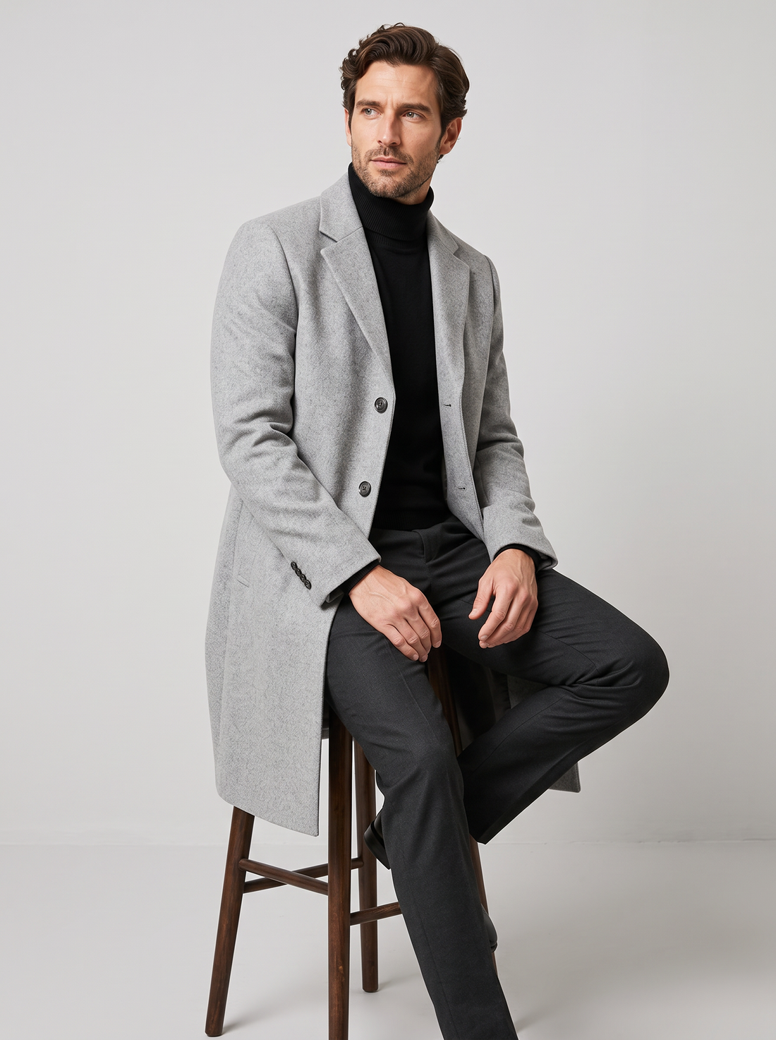 Men's Long Overcoat light grey front