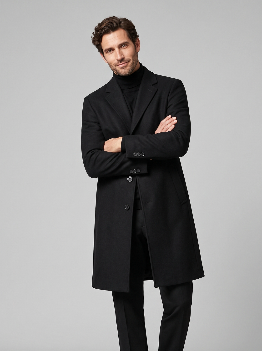 Men's Long Overcoat black front