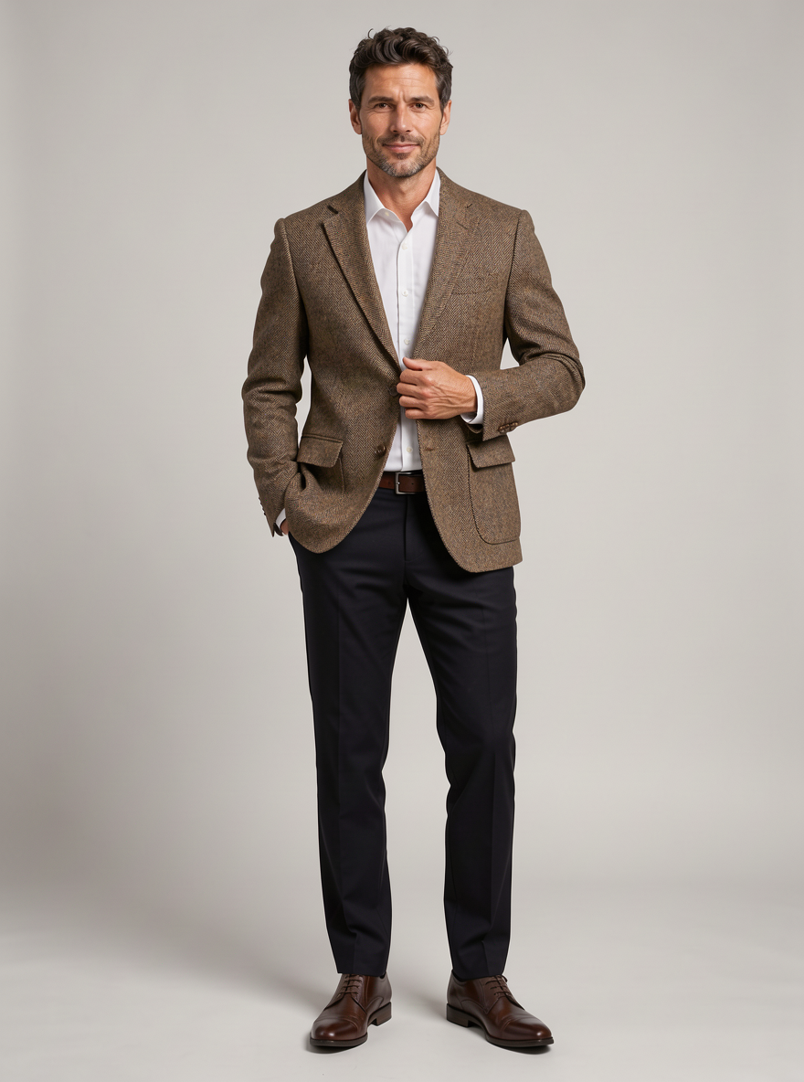 Men's Herringbone Tweed Blazer – Brown Wool Blend Jacket