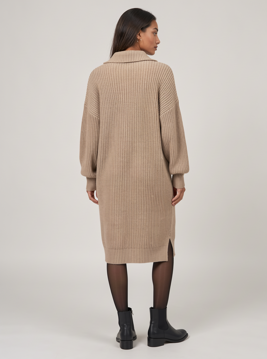 Women's knitted jumper dress in beige – three-quarter view