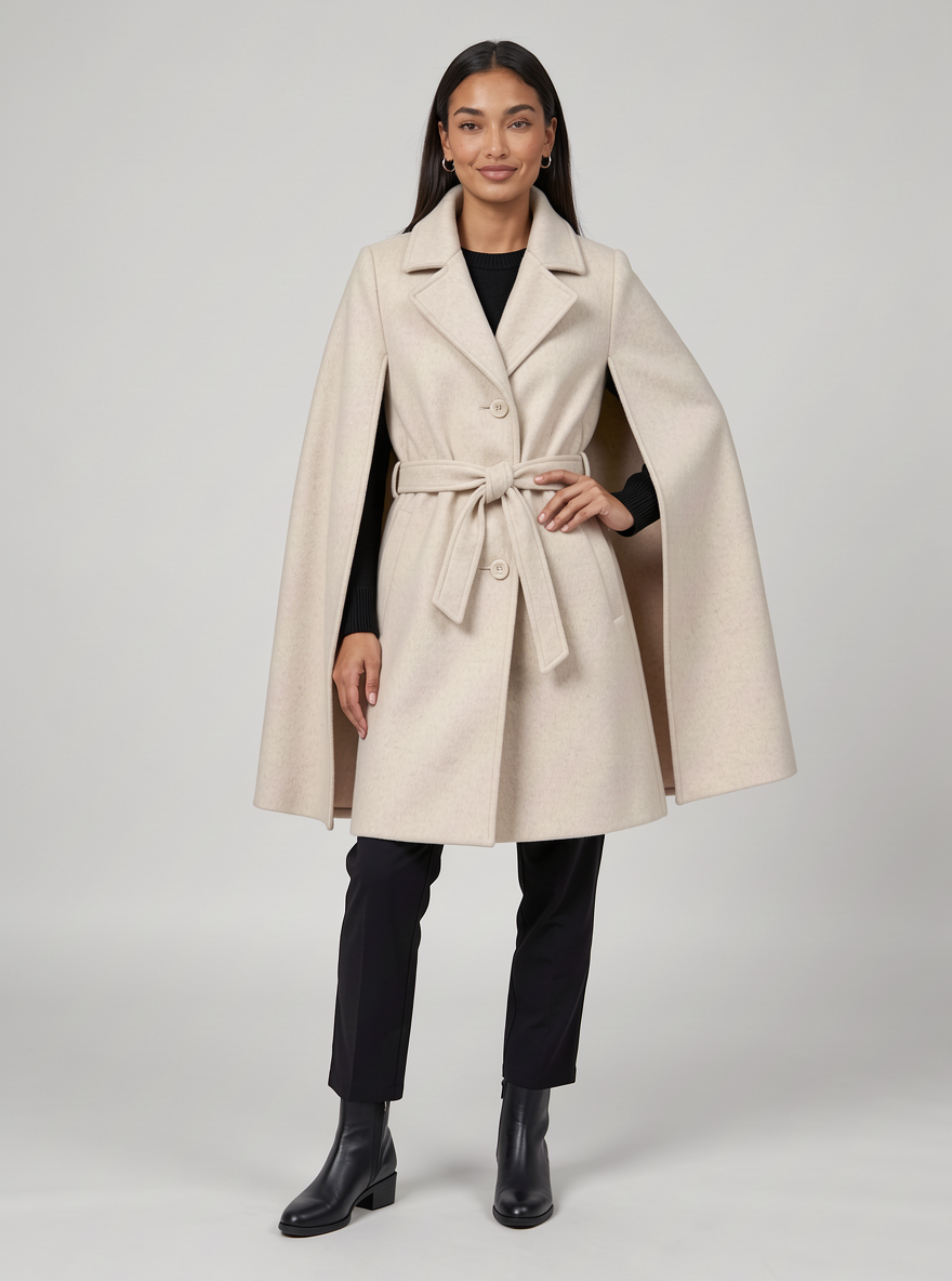 Women's belted cape coat in cream – three-quarter view