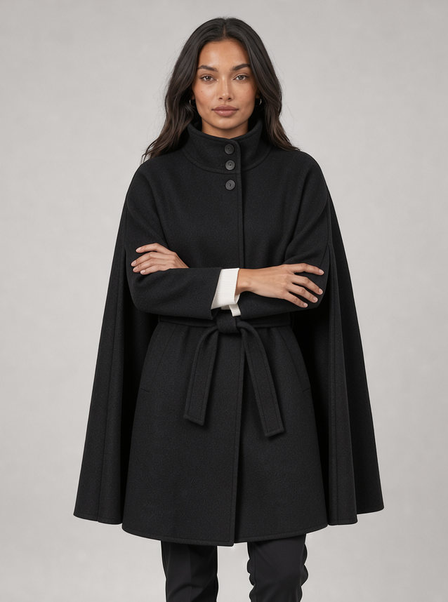 Women's belted cape coat in black