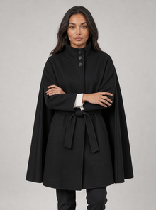 Women's belted cape coat in black