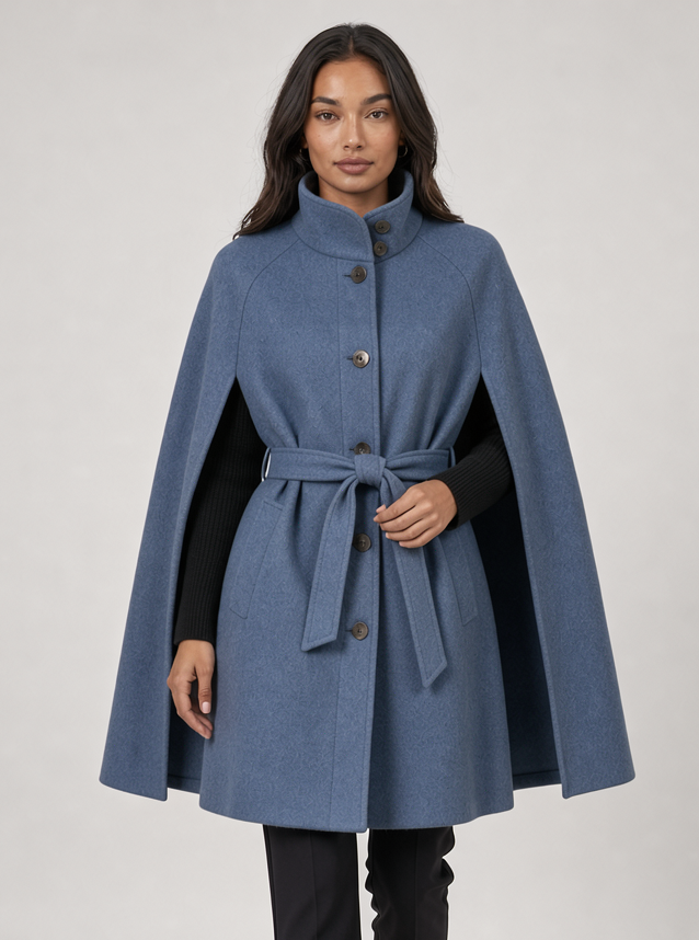 Women's belted cape coat in blue