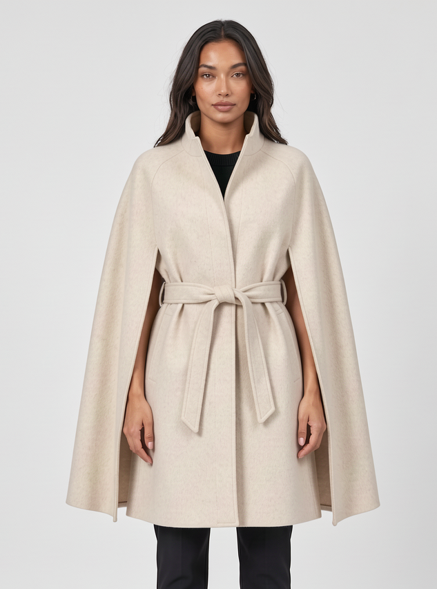Women's belted cape coat in cream – front