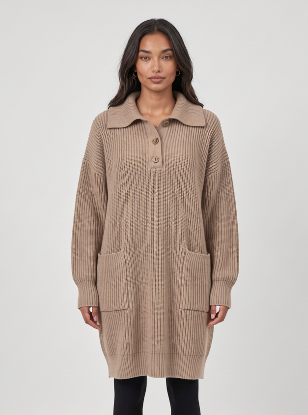 Women's knitted jumper dress in beige – front