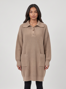 Women's knitted jumper dress in beige – front
