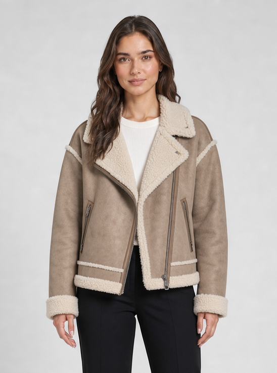 Women's sherpa aviator jacket in beige – front