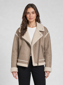 Women's sherpa aviator jacket in beige – front