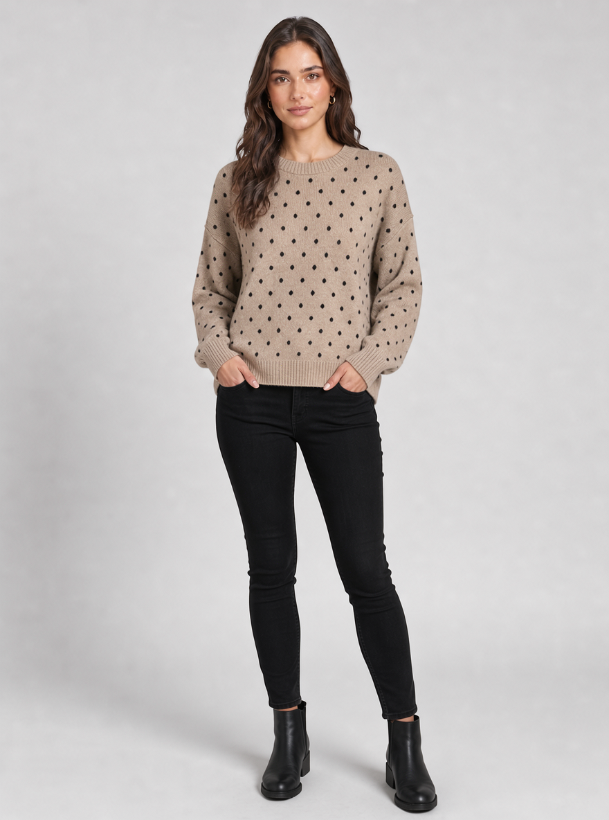 Women's polka dot crewneck jumper in beige – three-quarter view